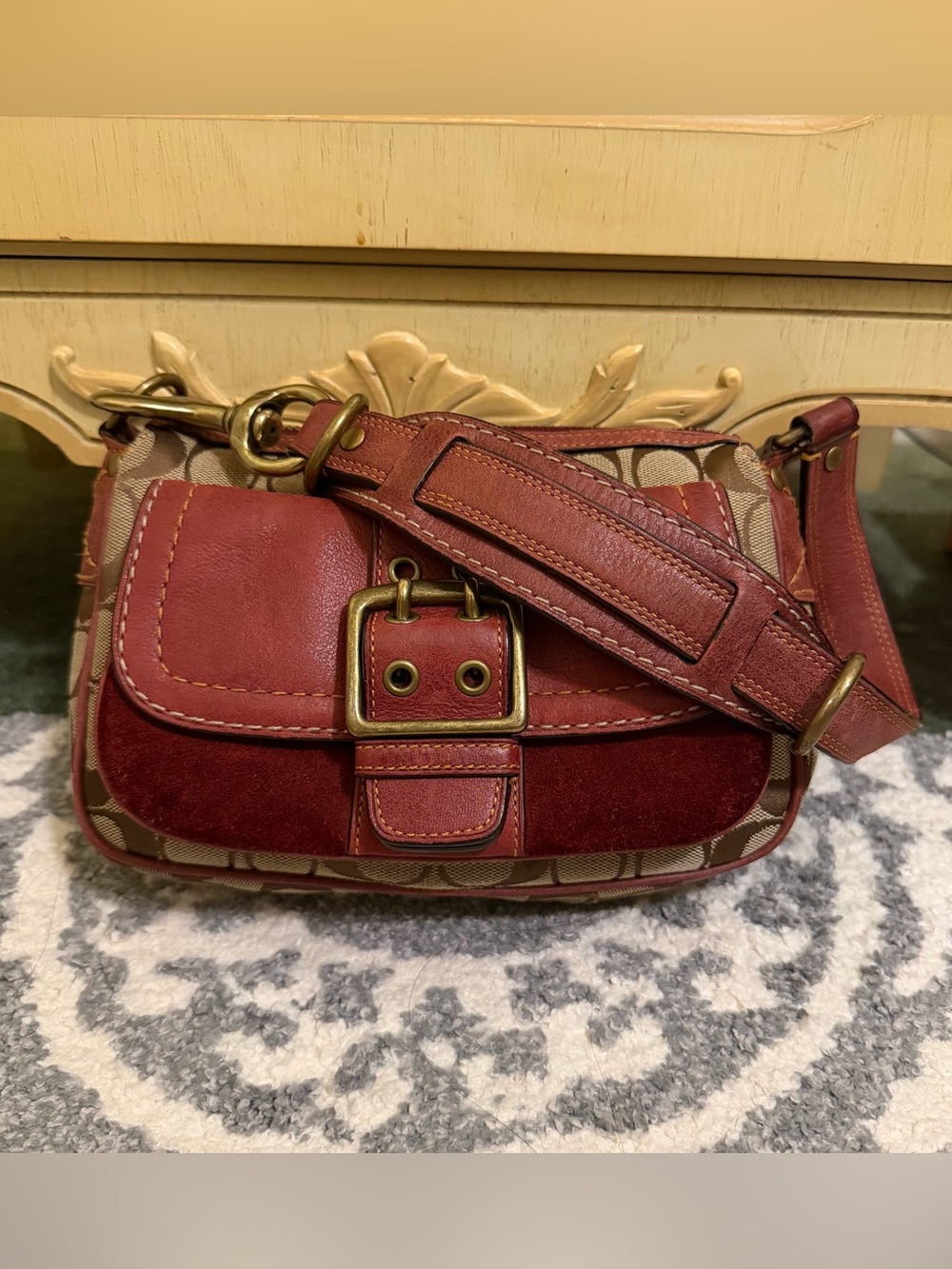Coach Vintage Y2k Maroon Leather and Suede Logo-Print Shoulder Bag